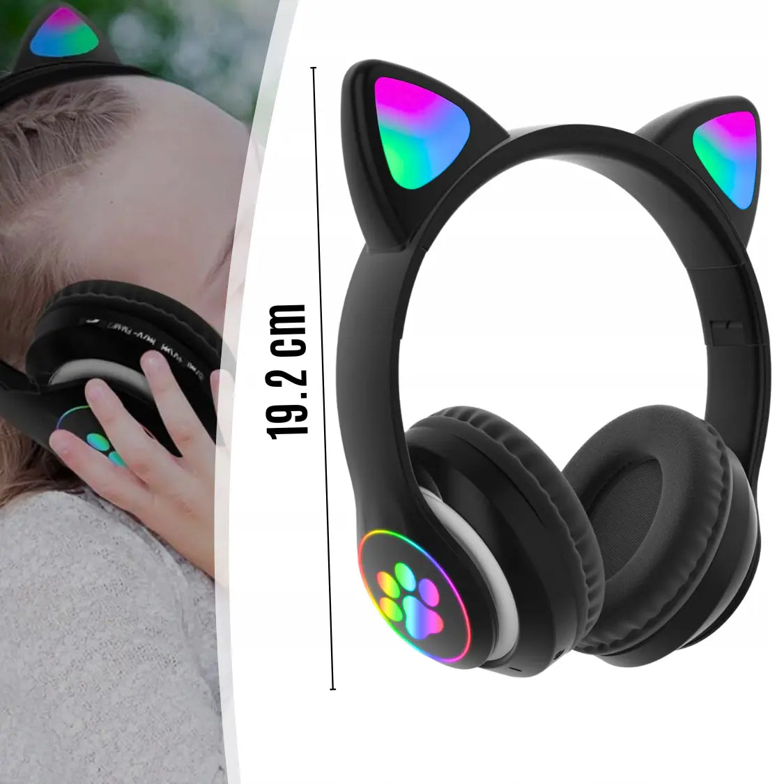 Bērnu austiņas ar Bluetooth, LED RGB un kaķu ausīm, melnas, lieliska dāvana (722D)