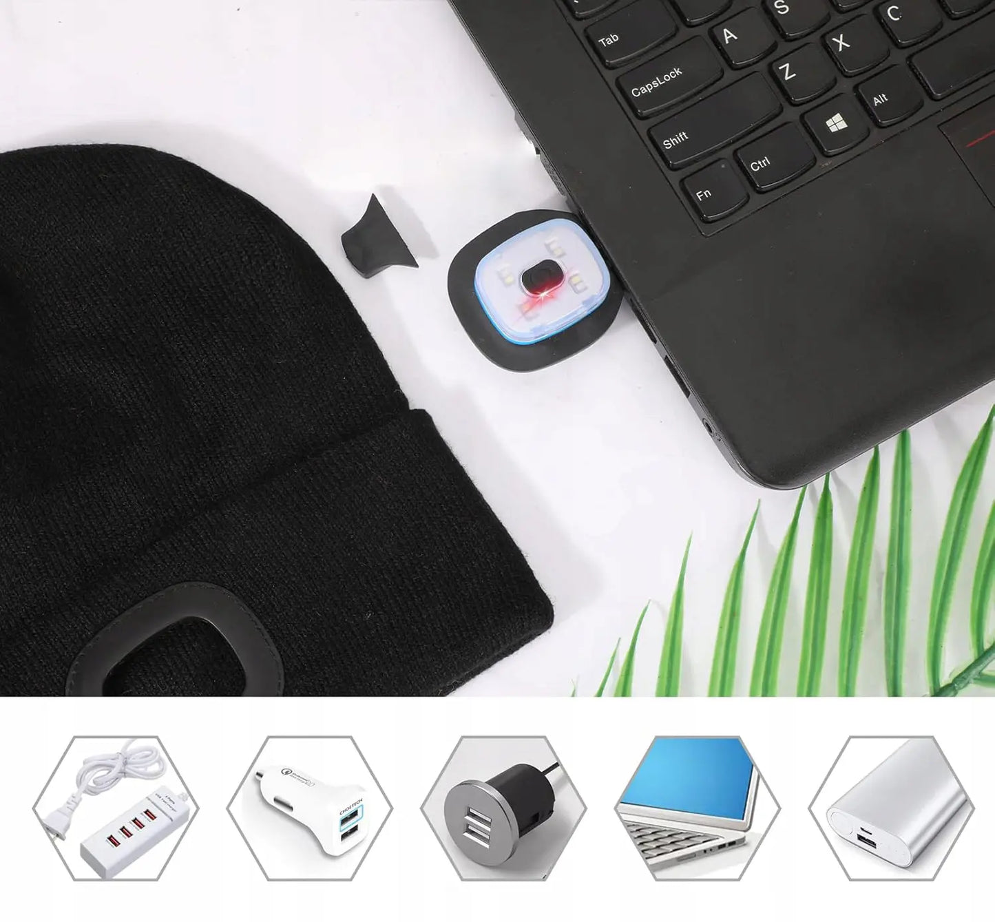 Зимняя теплая шапка с USB аккумуляторной светодиодной лампой черного цвета для занятий спортом (582D)