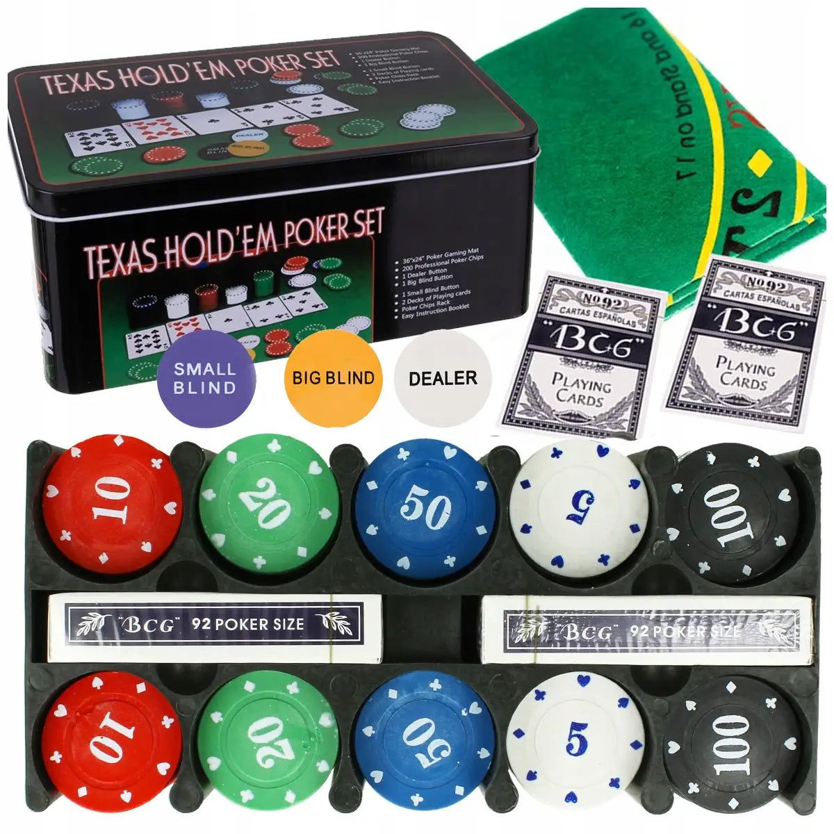 Liels pokera komplekts: 200 žetonu, 2 kāršu klāji un spēles paklājs Texas pokera spēlei (666D)