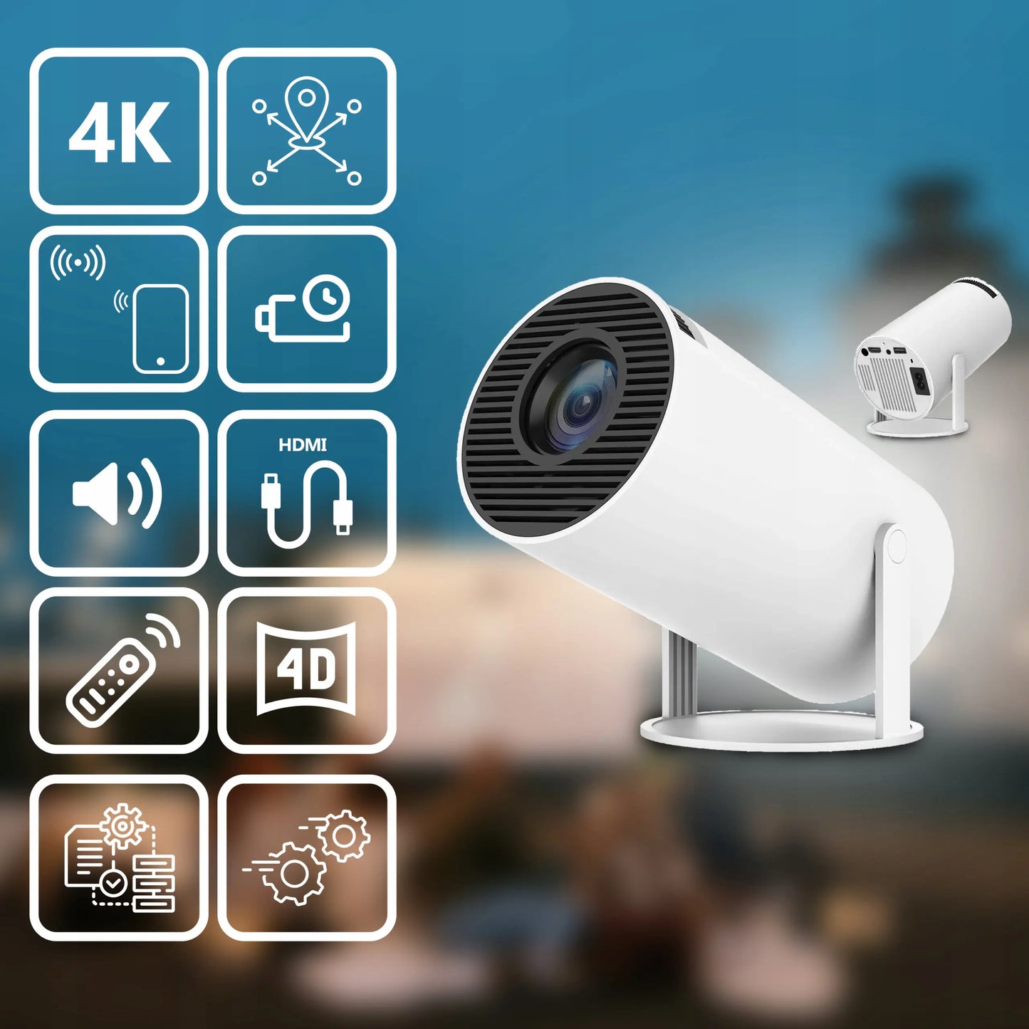 Portatīvais projektors Wi-Fi Android ar rotējošu mehānismu un 4K Bluetooth skaņu (1034D)