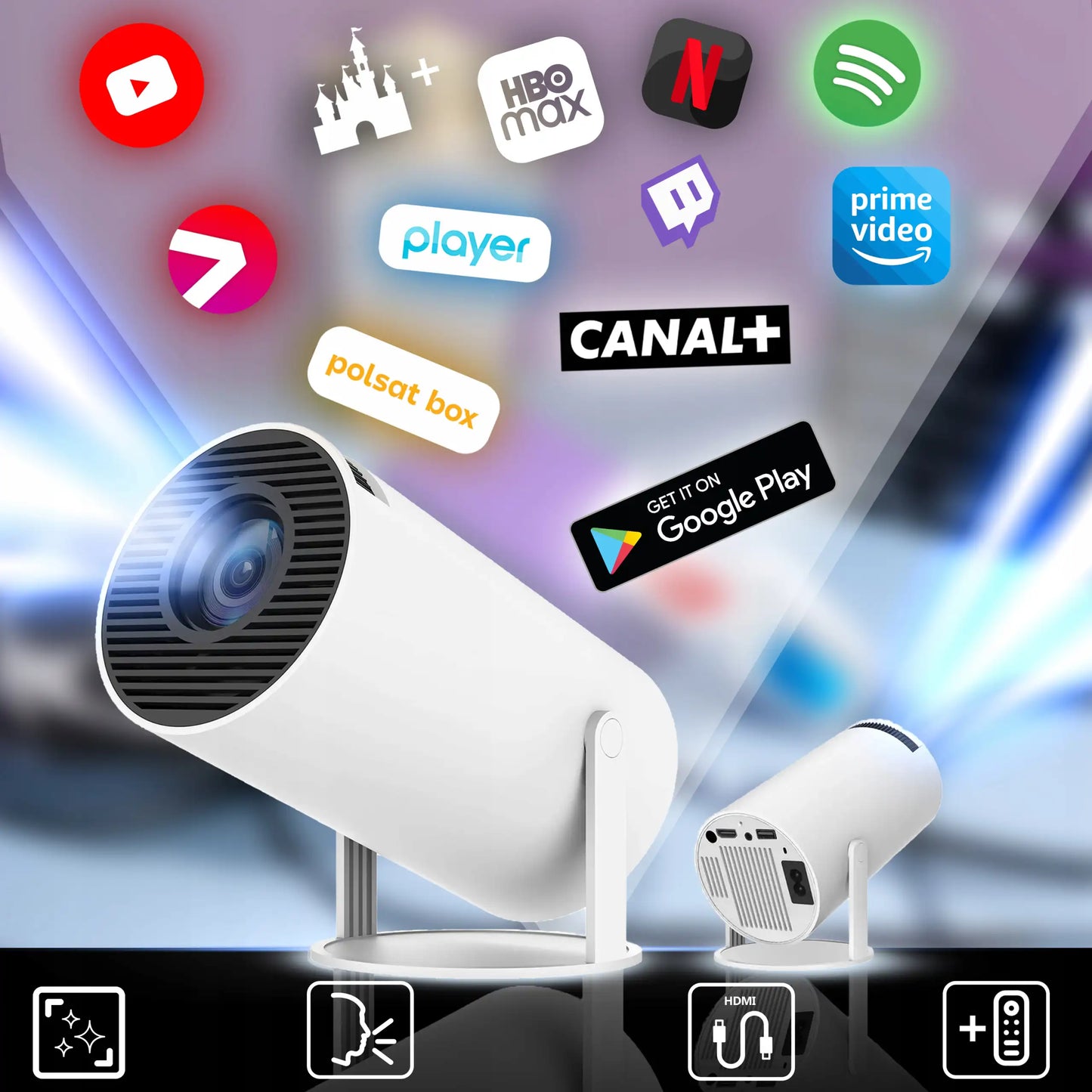 Portatīvais projektors Wi-Fi Android ar rotējošu mehānismu un 4K Bluetooth skaņu (1034D)