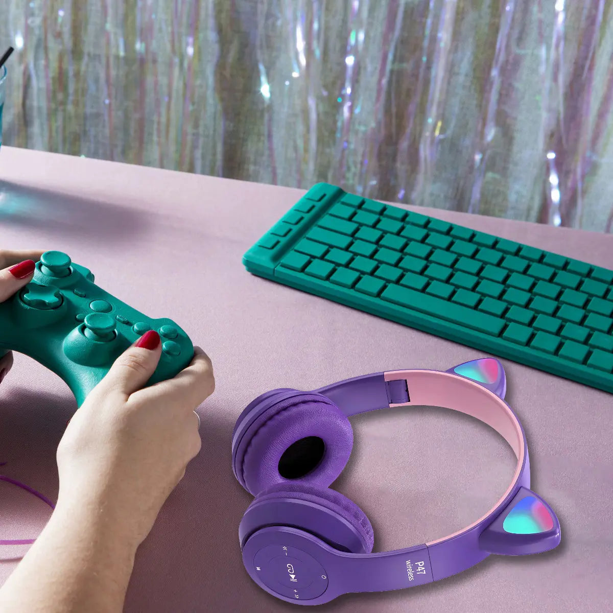 Детские Bluetooth-наушники в форме кошачьих ушек со светодиодной подсветкой RGB и микрофоном (520D)