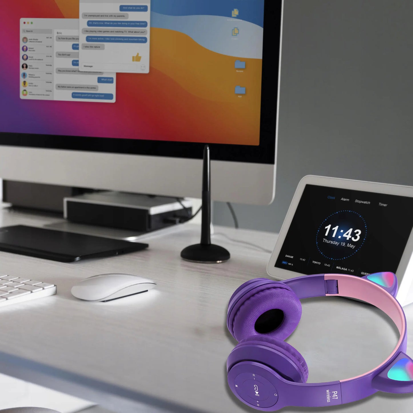 Детские Bluetooth-наушники в форме кошачьих ушек со светодиодной подсветкой RGB и микрофоном (520D)