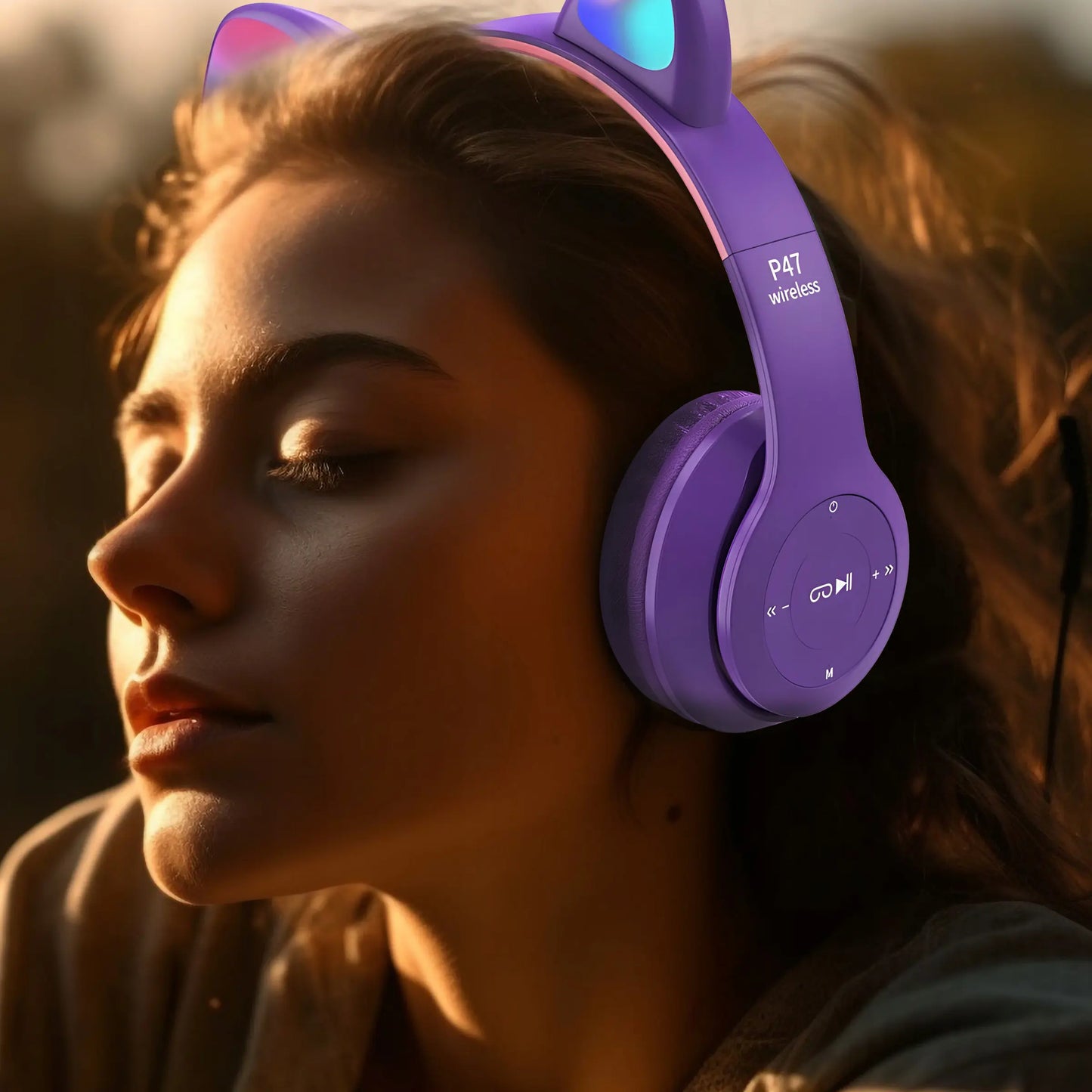 Детские Bluetooth-наушники в форме кошачьих ушек со светодиодной подсветкой RGB и микрофоном (520D)