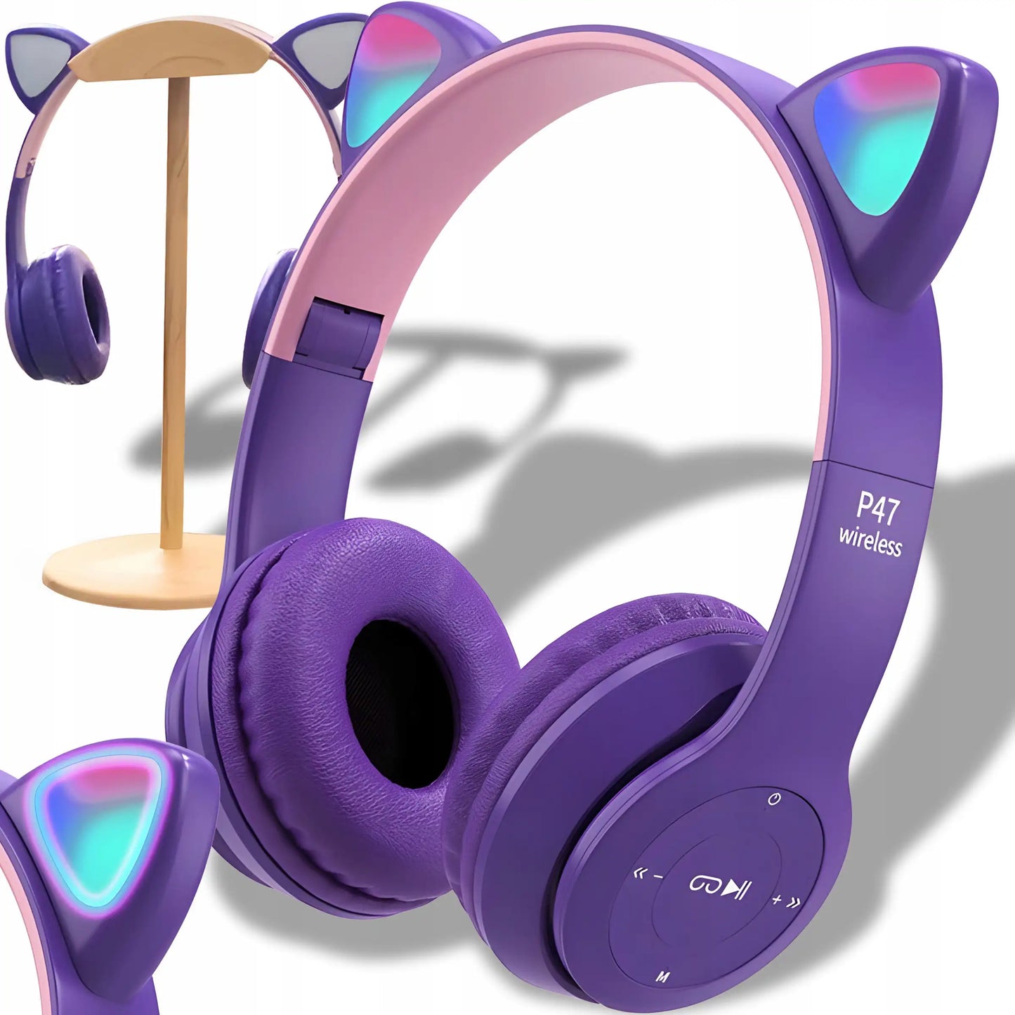 Детские Bluetooth-наушники в форме кошачьих ушек со светодиодной подсветкой RGB и микрофоном (520D)