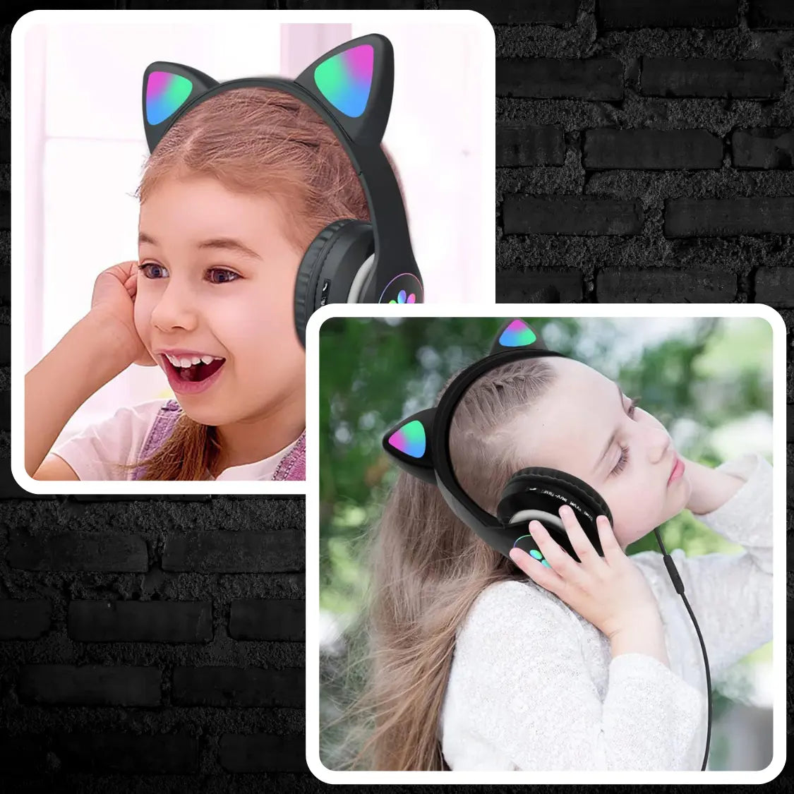 Bērnu austiņas ar Bluetooth, LED RGB un kaķu ausīm, melnas, lieliska dāvana (722D)