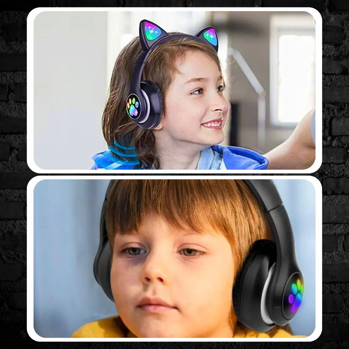 Bērnu austiņas ar Bluetooth, LED RGB un kaķu ausīm, melnas, lieliska dāvana (722D)