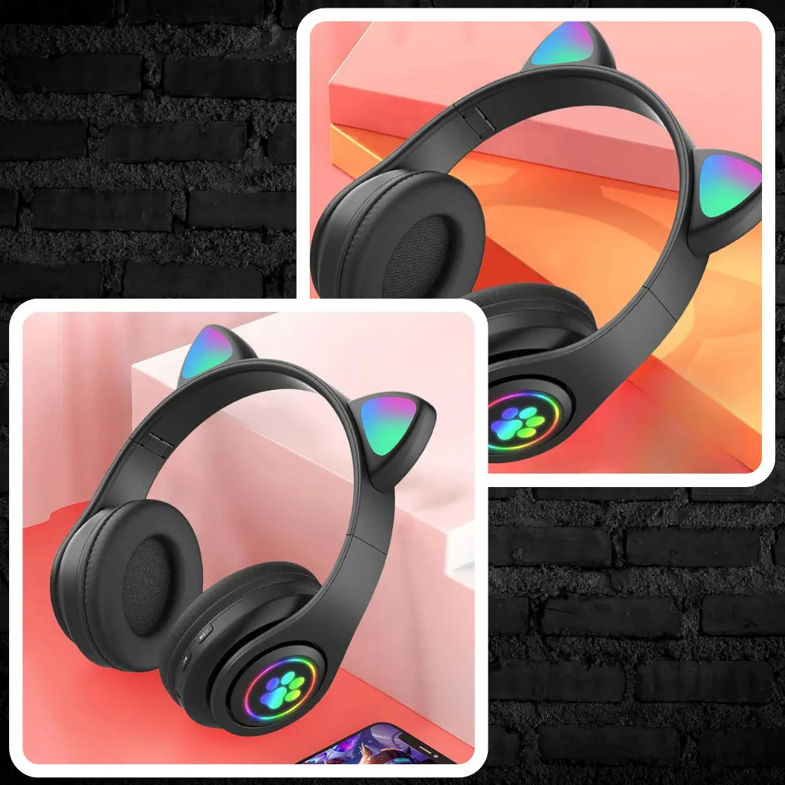 Bērnu austiņas ar Bluetooth, LED RGB un kaķu ausīm, melnas, lieliska dāvana (722D)