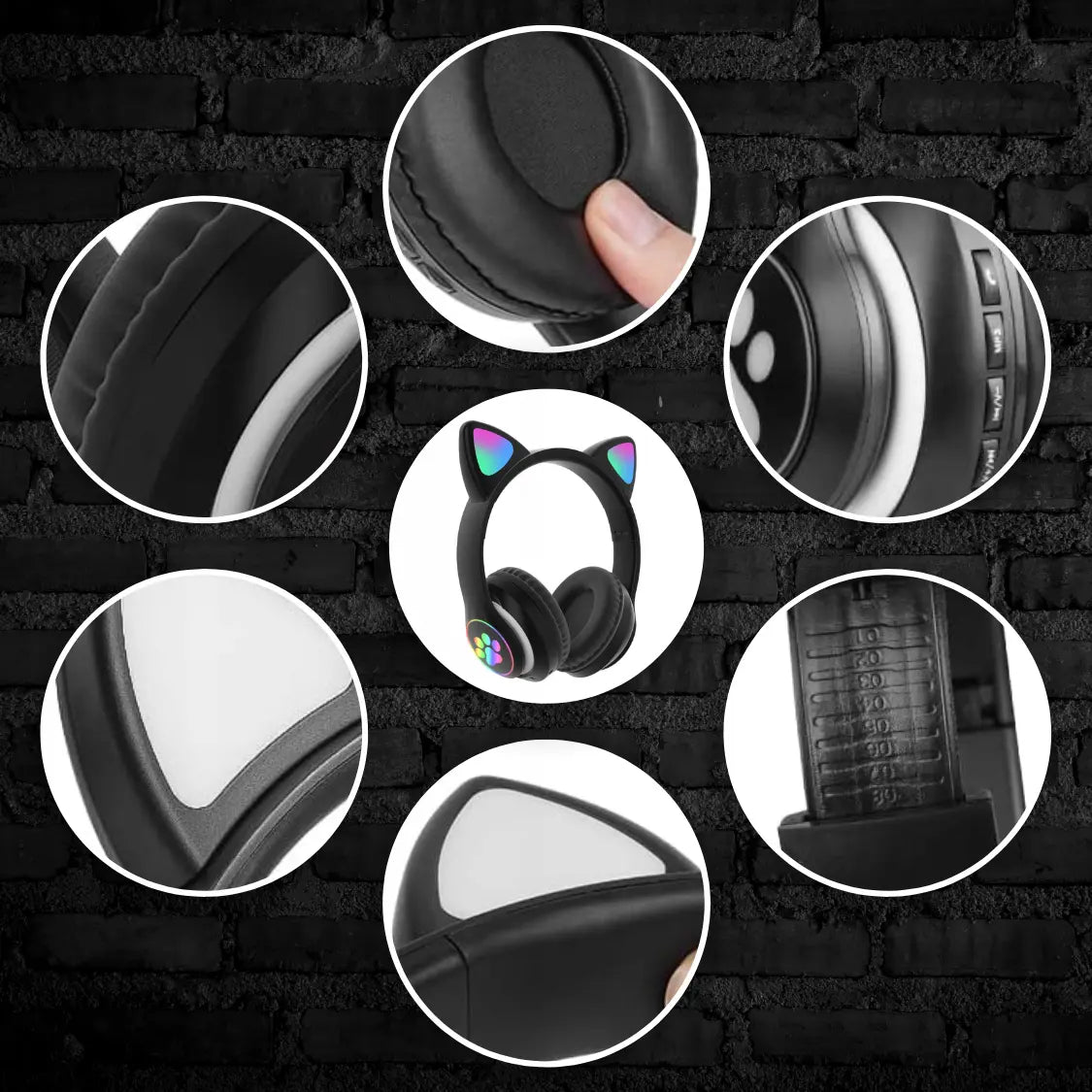Bērnu austiņas ar Bluetooth, LED RGB un kaķu ausīm, melnas, lieliska dāvana (722D)
