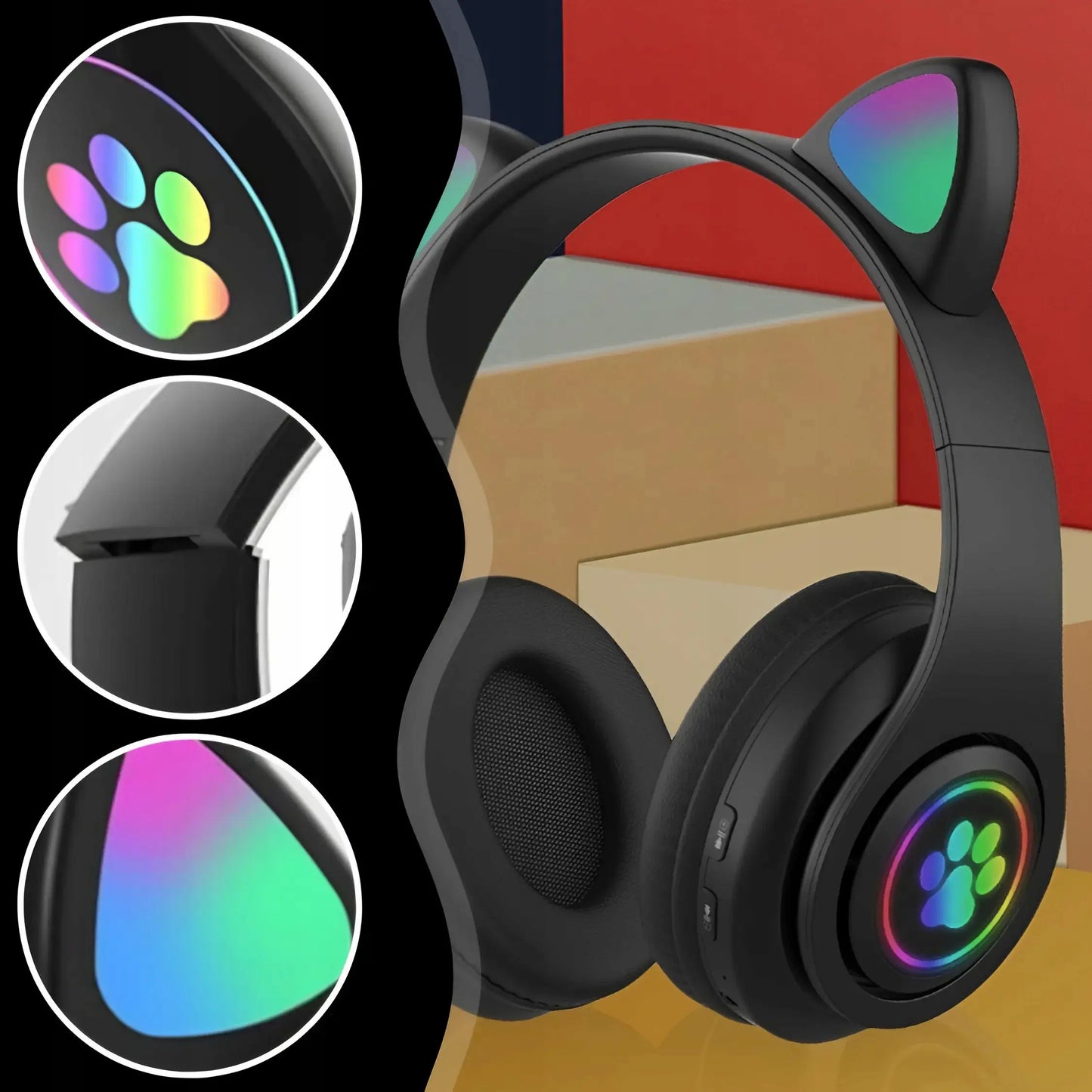 Bērnu austiņas ar Bluetooth, LED RGB un kaķu ausīm, melnas, lieliska dāvana (722D)