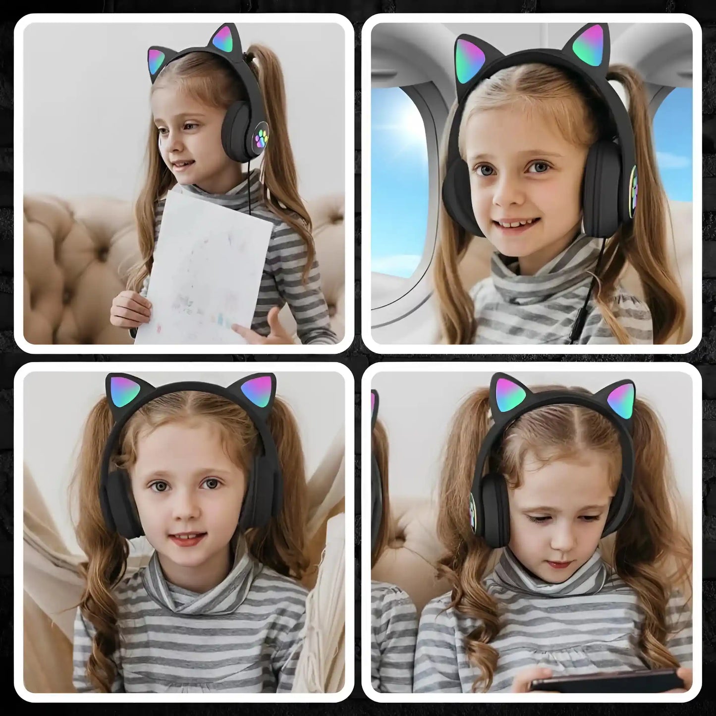 Bērnu austiņas ar Bluetooth, LED RGB un kaķu ausīm, melnas, lieliska dāvana (722D)