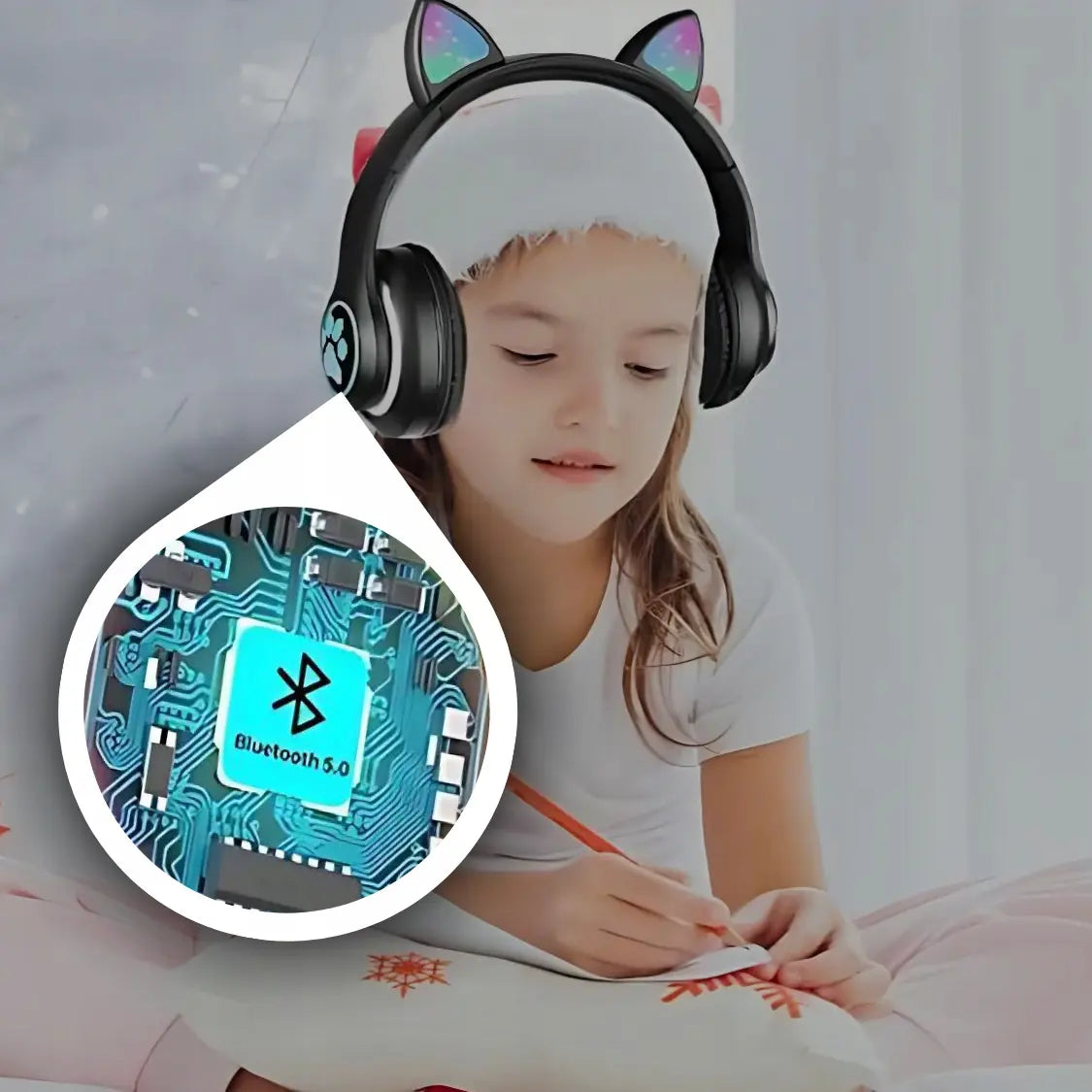 Bērnu austiņas ar Bluetooth, LED RGB un kaķu ausīm, melnas, lieliska dāvana (722D)
