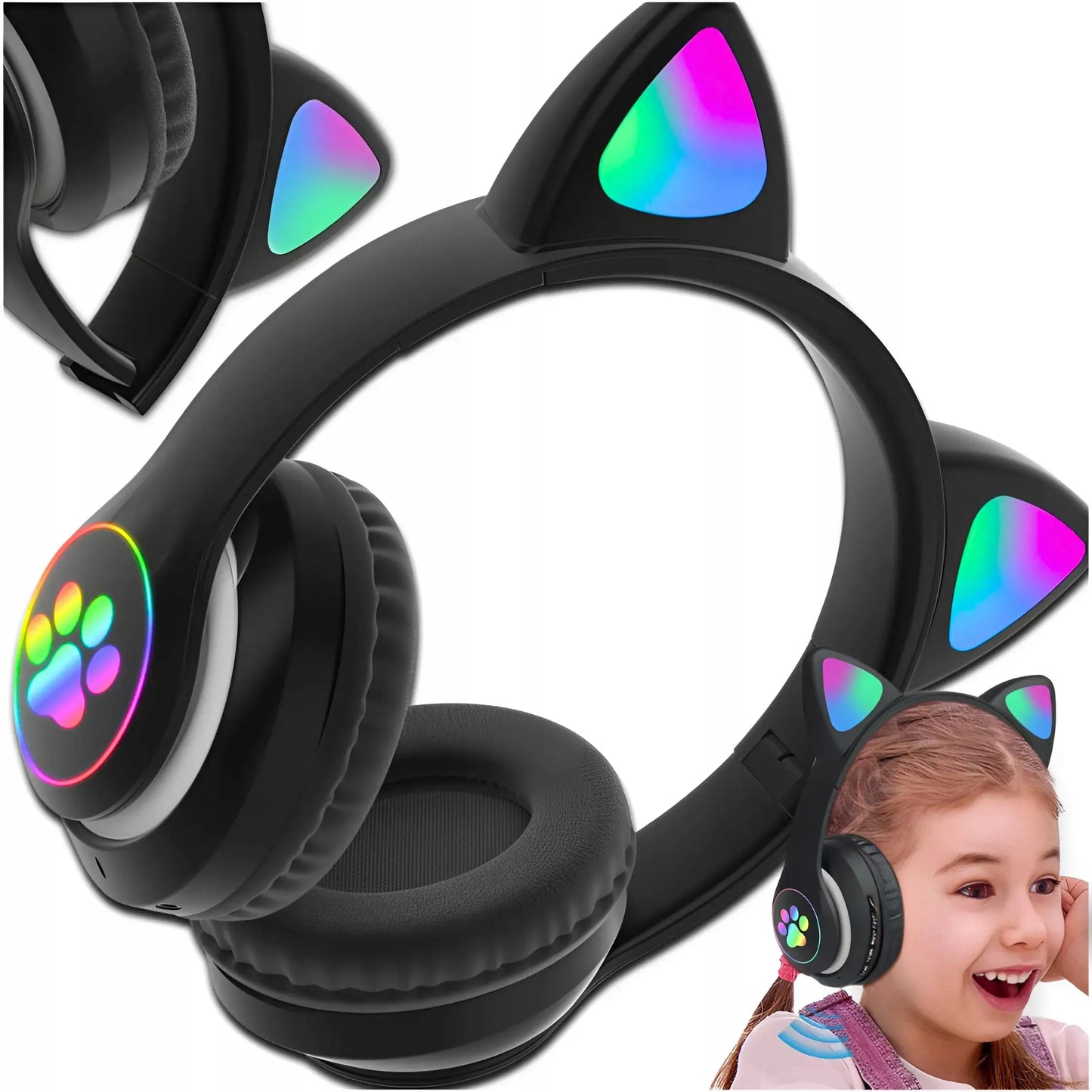 Bērnu austiņas ar Bluetooth, LED RGB un kaķu ausīm, melnas, lieliska dāvana (722D)