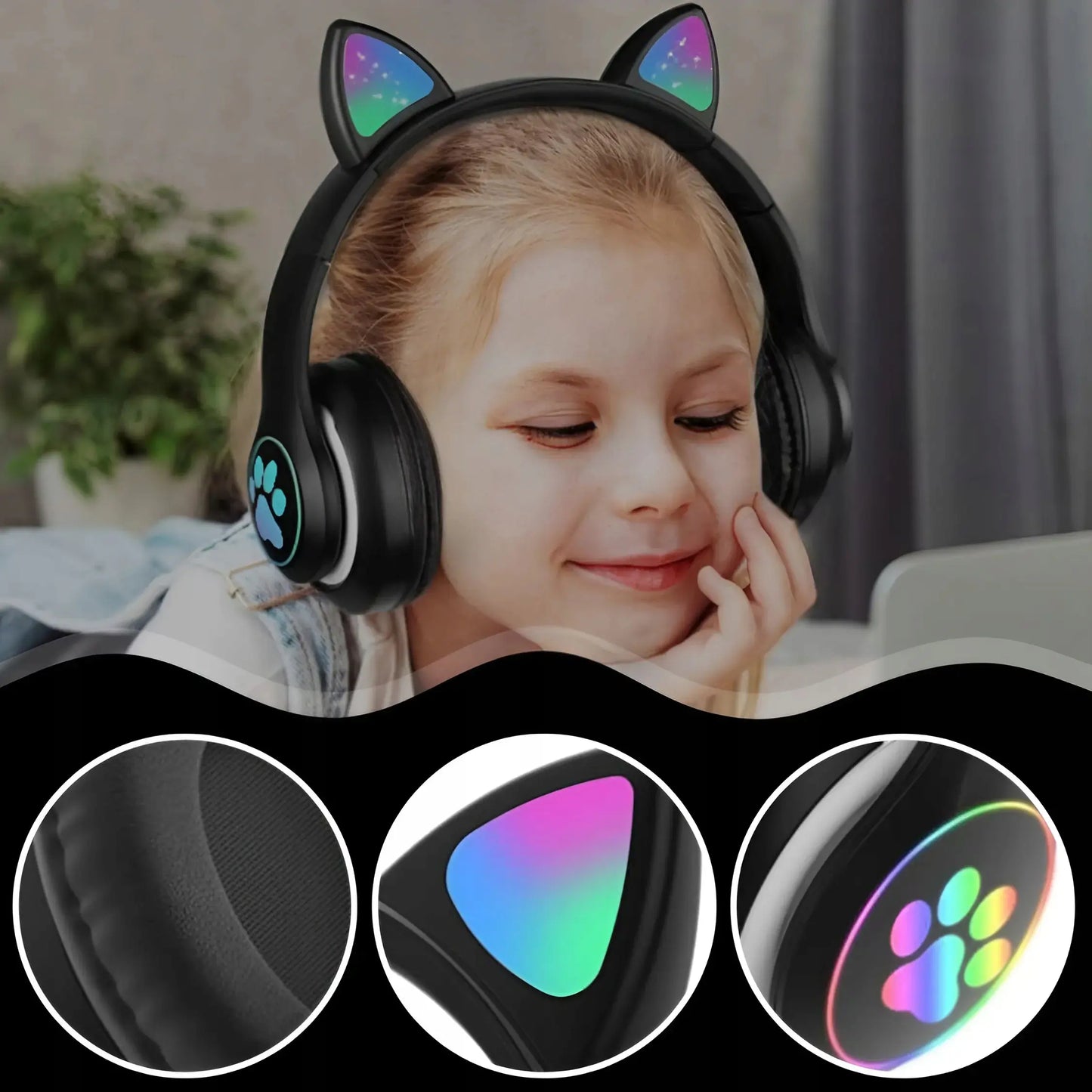 Bērnu austiņas ar Bluetooth, LED RGB un kaķu ausīm, melnas, lieliska dāvana (722D)