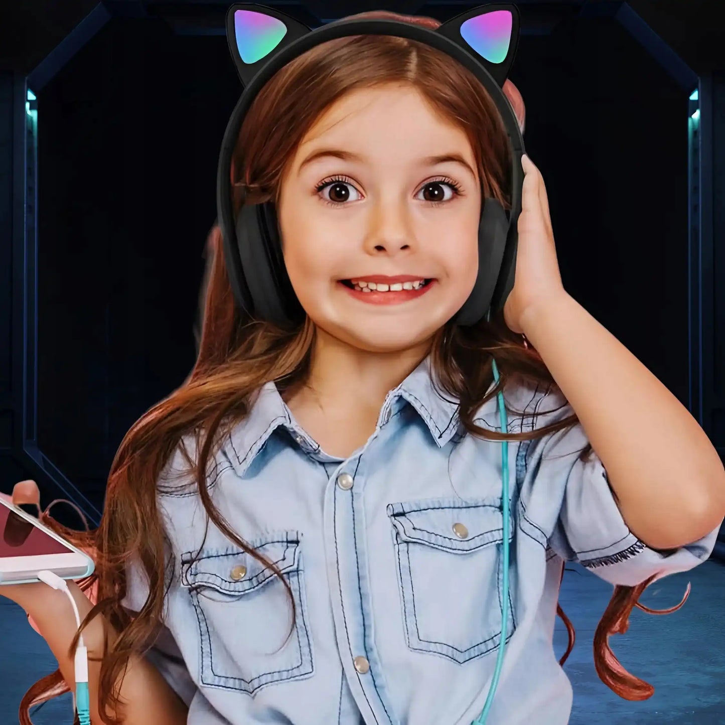 Bērnu austiņas ar Bluetooth, LED RGB un kaķu ausīm, melnas, lieliska dāvana (722D)