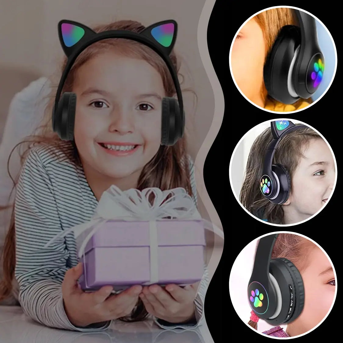 Bērnu austiņas ar Bluetooth, LED RGB un kaķu ausīm, melnas, lieliska dāvana (722D)