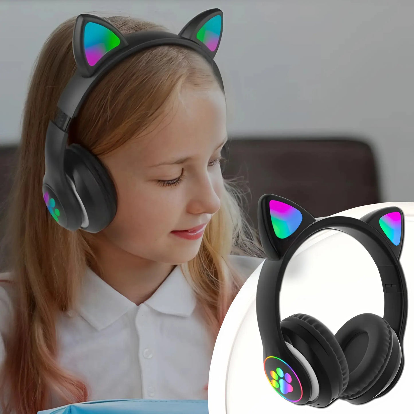 Bērnu austiņas ar Bluetooth, LED RGB un kaķu ausīm, melnas, lieliska dāvana (722D)