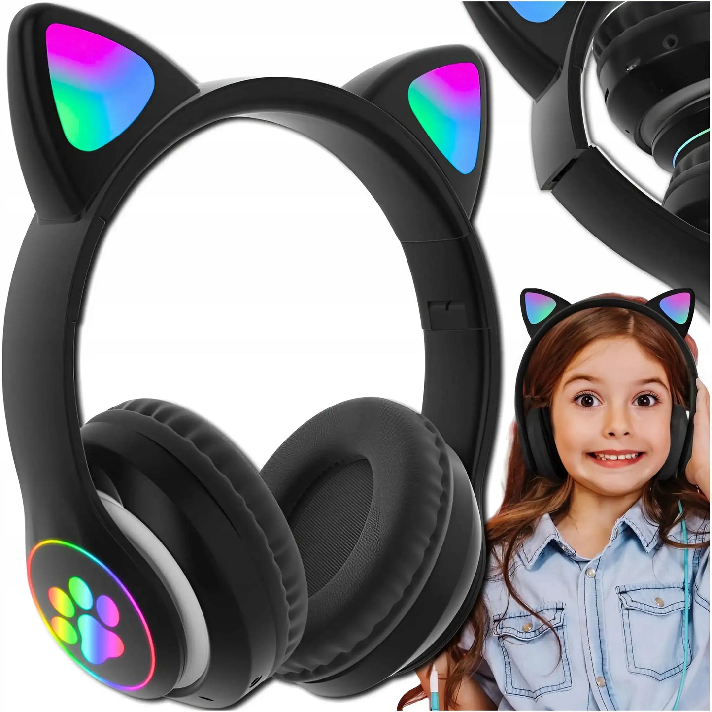 Bērnu austiņas ar Bluetooth, LED RGB un kaķu ausīm, melnas, lieliska dāvana (722D)