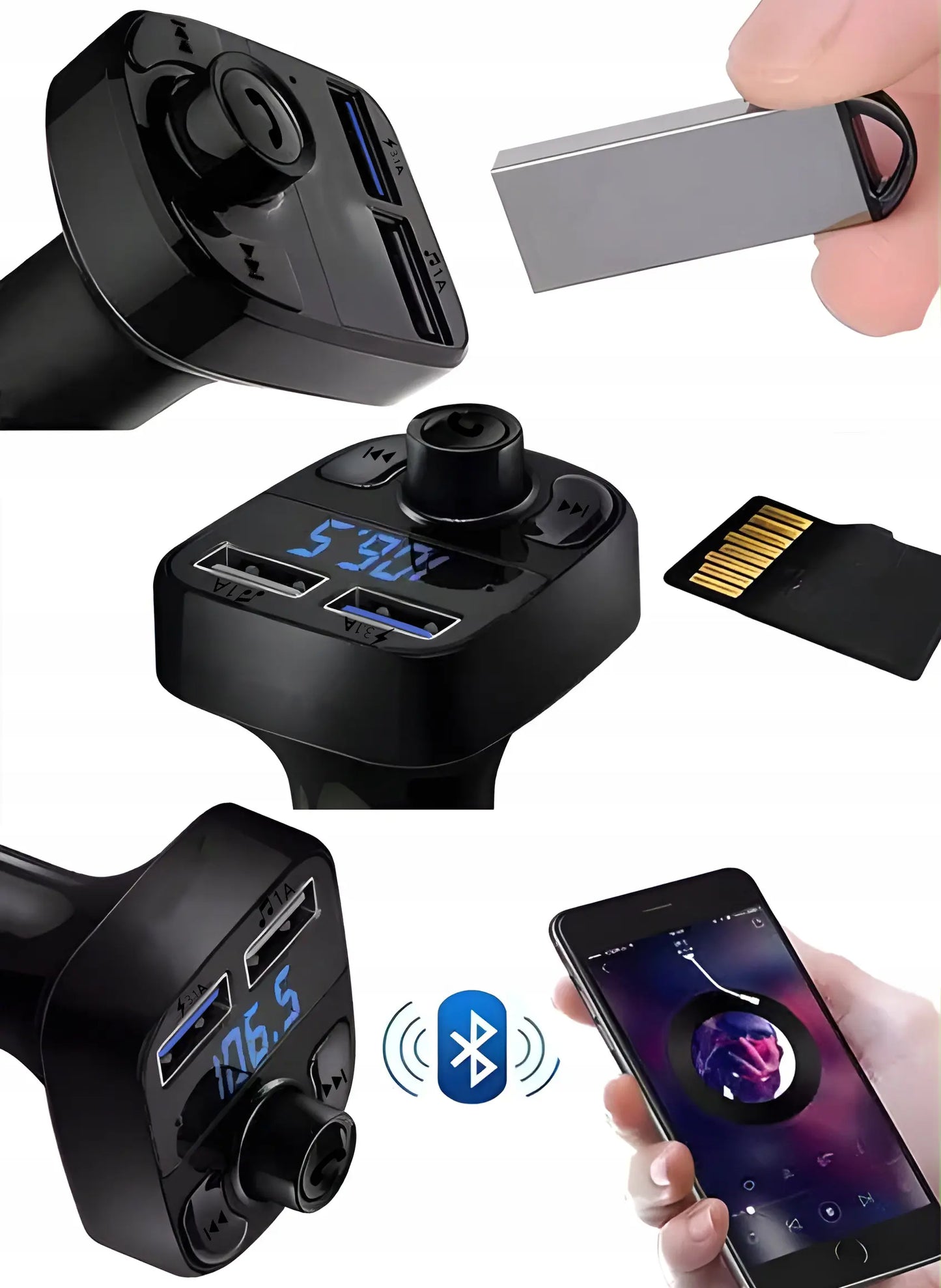 Bluetooth FM MP3-передатчик с зарядным устройством и воспроизведением звука через радио (735D)