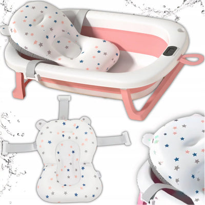 Силиконовая складная ванночка для детей с ЖК-термометром и подголовником, розовая (801D)
