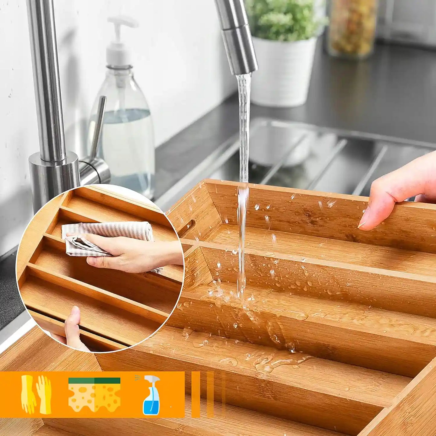 Premium klases bambusa galda piederumu organizators virtuves atvilktnei XXL 55 cm (479D)