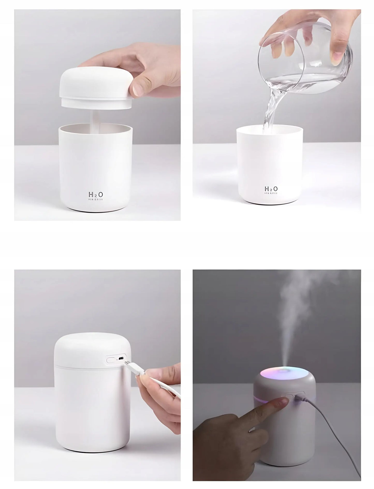 Mini gaisa mitrinātājs, portatīvais aromātiskais gaisa mitrinātājs ar RGB gaismu 300 ml, balts (294D)