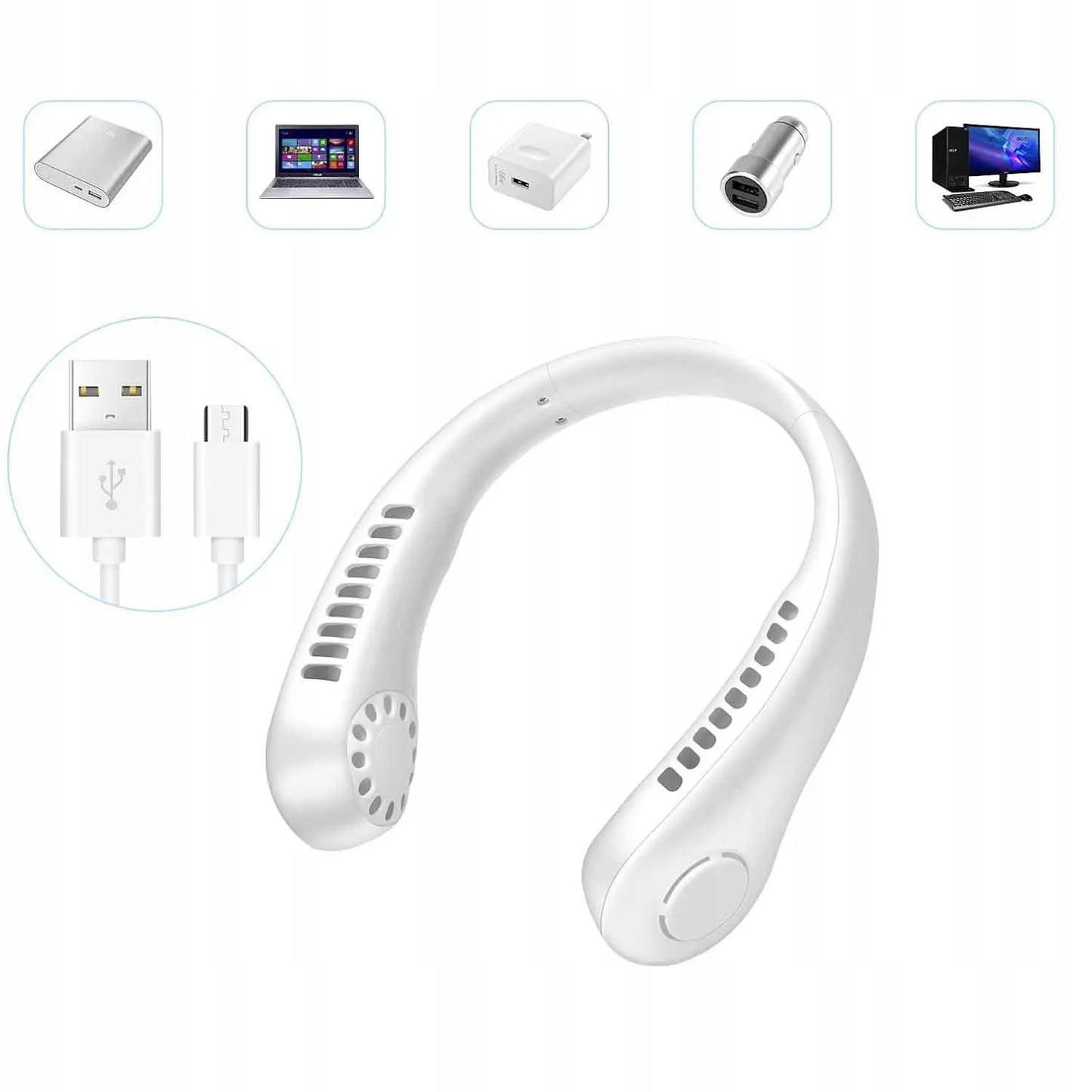 Portatīvais kakla ventilators, mini ventilators ar USB uzlādi, balts (220D)