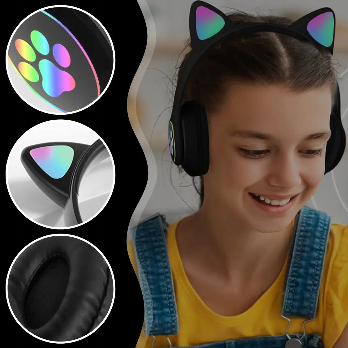 Bērnu austiņas ar Bluetooth, LED RGB un kaķu ausīm, melnas, lieliska dāvana (722D)