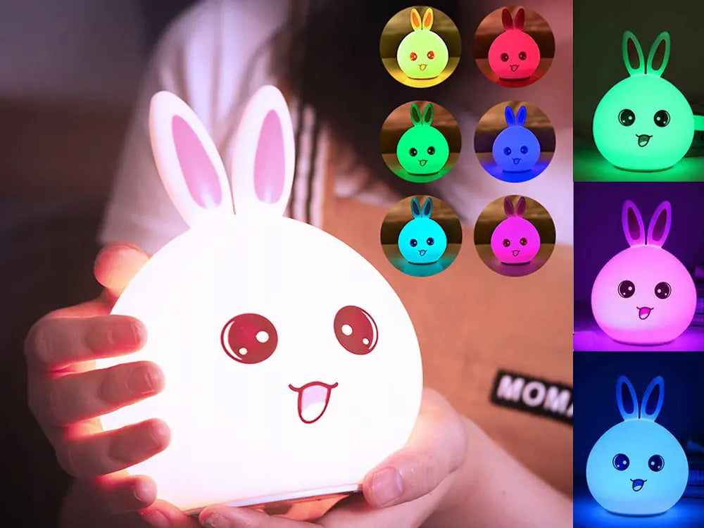 Bērnu galda lampa Truša ar LED, silikona, RGB, sensoru, mīksta, ar USB un akumulatoru (612D)