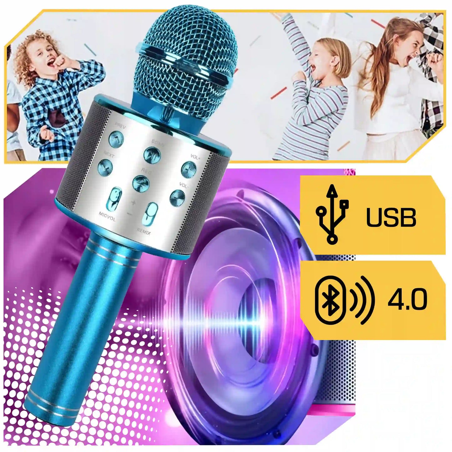 Karaoke skaļrunis ar mikrofona, bluetooth, 4 balsu stili, 5 stundu darbība, zils (367D)