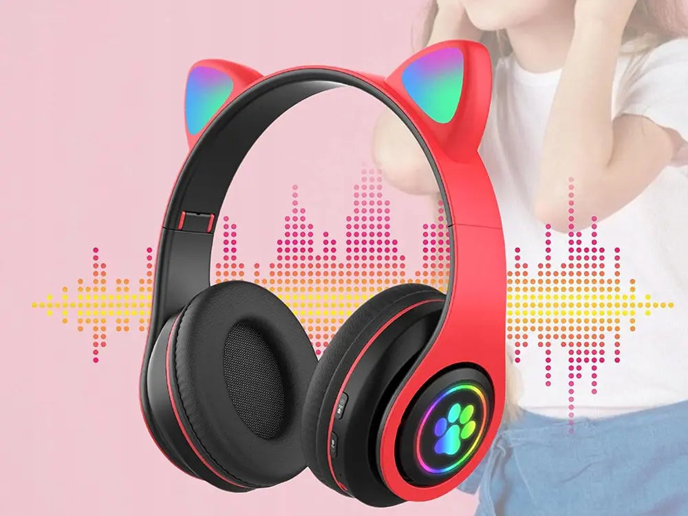 Беспроводные Bluetooth-наушники с FM-радио, MP3 и подсветкой кошачьих ушей, красные (945D)