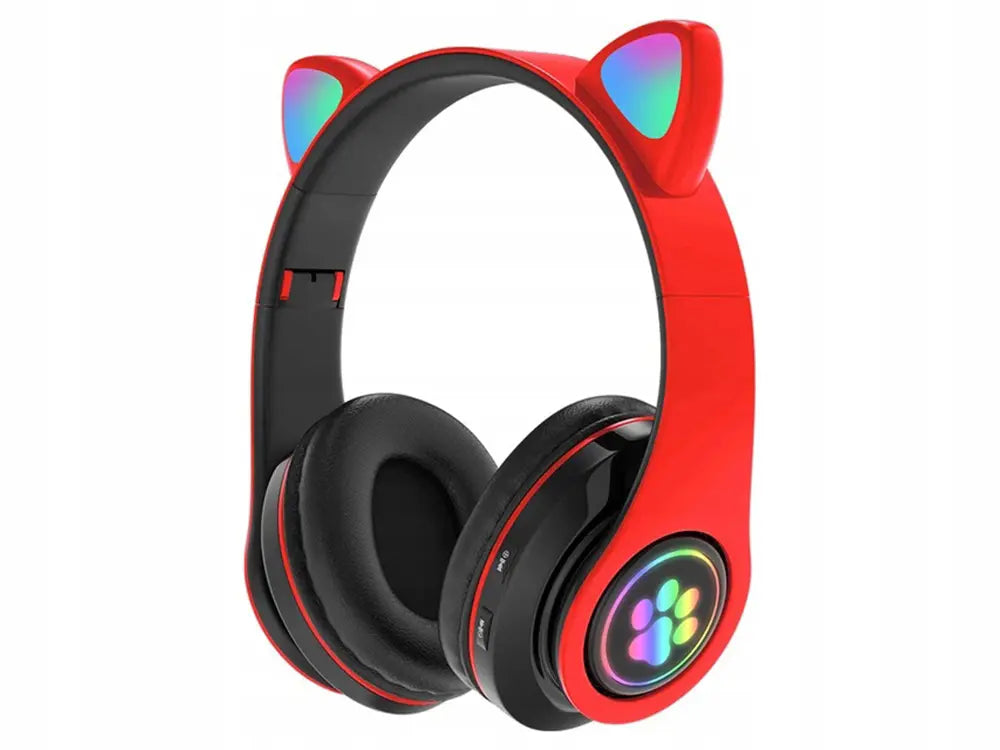 Беспроводные Bluetooth-наушники с FM-радио, MP3 и подсветкой кошачьих ушей, красные (945D)