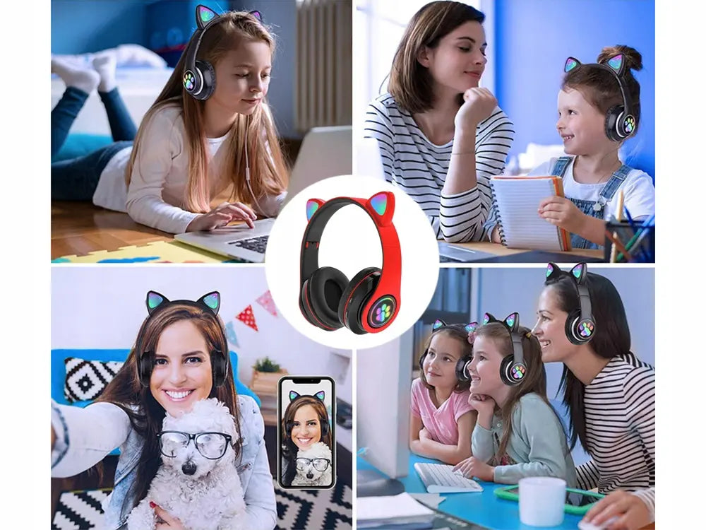 Беспроводные Bluetooth-наушники с FM-радио, MP3 и подсветкой кошачьих ушей, красные (945D)