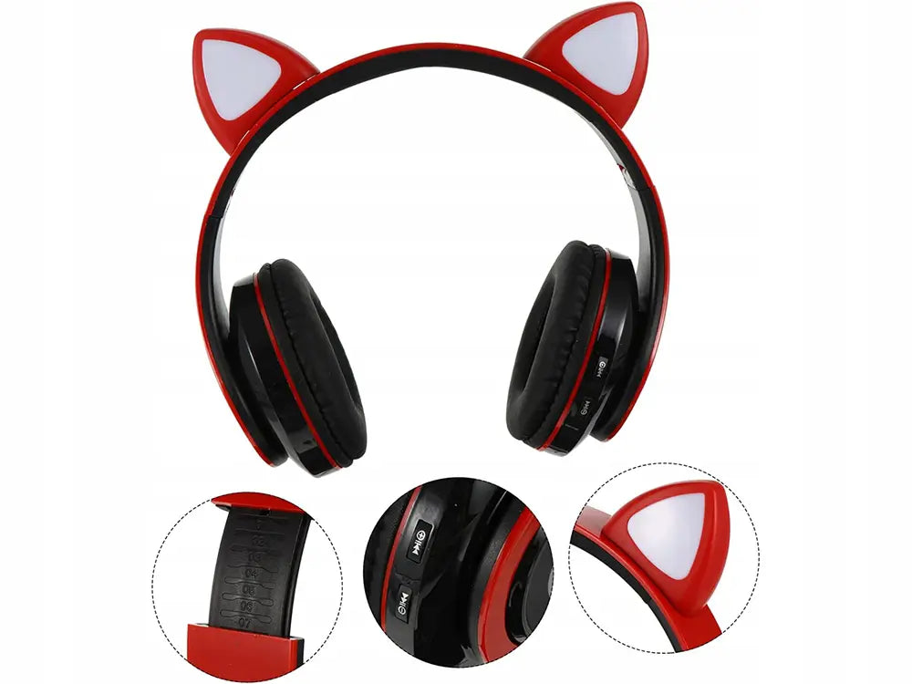 Беспроводные Bluetooth-наушники с FM-радио, MP3 и подсветкой кошачьих ушей, красные (945D)
