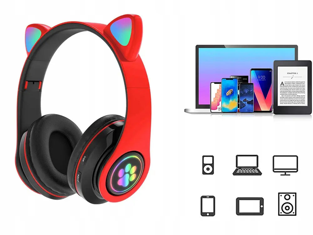 Беспроводные Bluetooth-наушники с FM-радио, MP3 и подсветкой кошачьих ушей, красные (945D)
