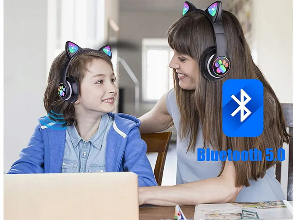 Беспроводные Bluetooth-наушники с FM-радио, MP3 и подсветкой кошачьих ушей, красные (945D)