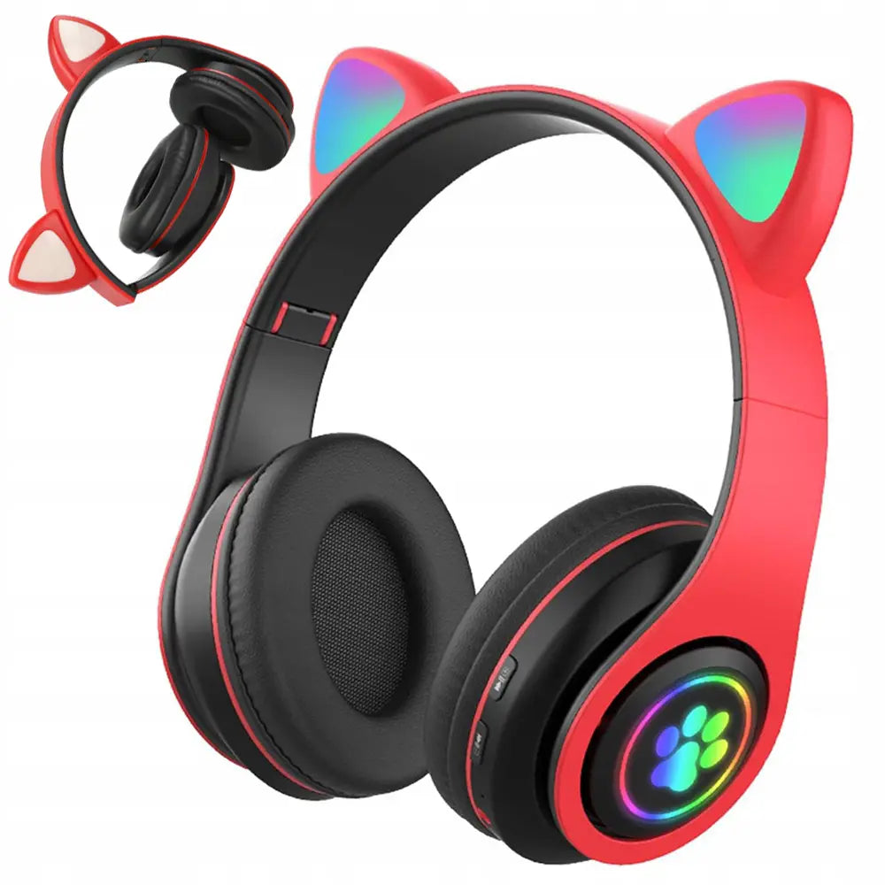 Беспроводные Bluetooth-наушники с FM-радио, MP3 и подсветкой кошачьих ушей, красные (945D)