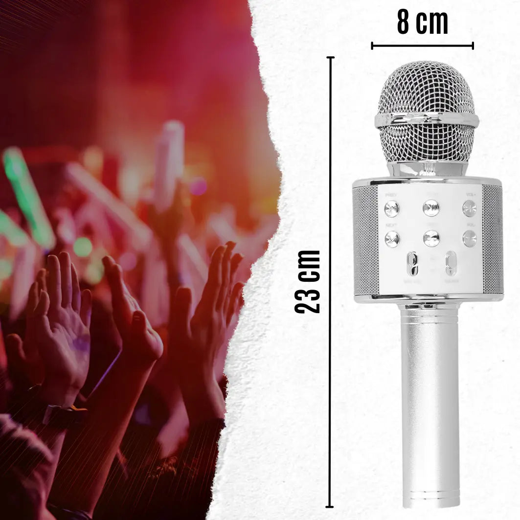 Bezvadu mikrofons sudraba krāsā karaoke - dāvana bērniem un Bluetooth skaļrunis (555D)